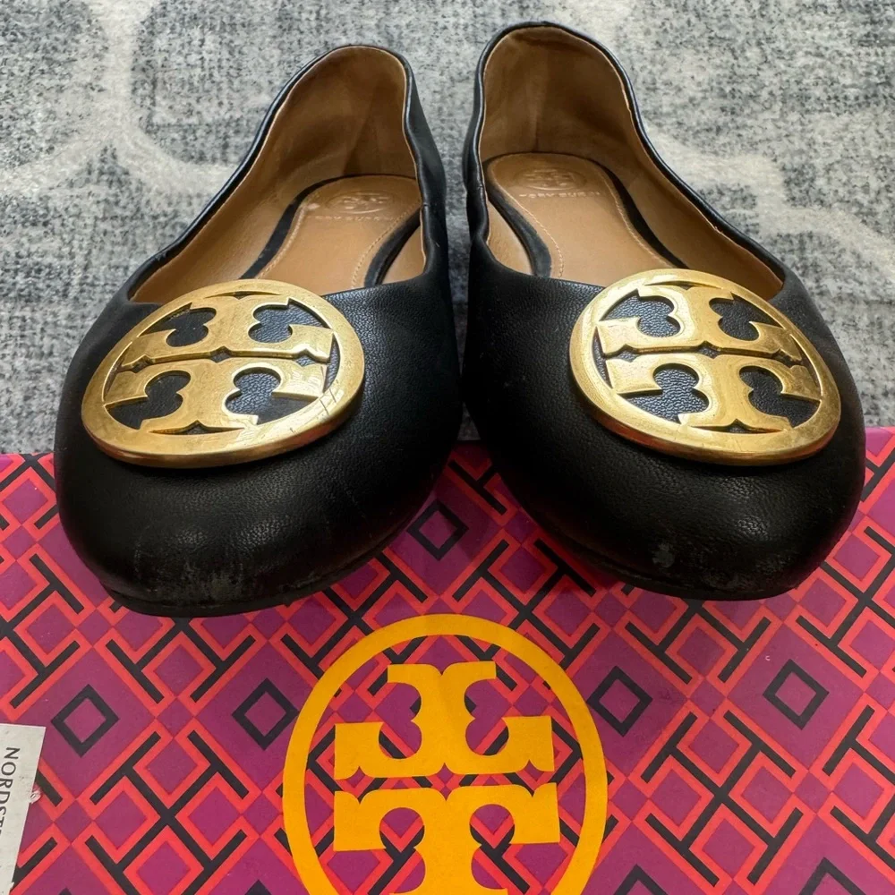 Tory Burch Black Leather Flats with Gold Logo Medallions